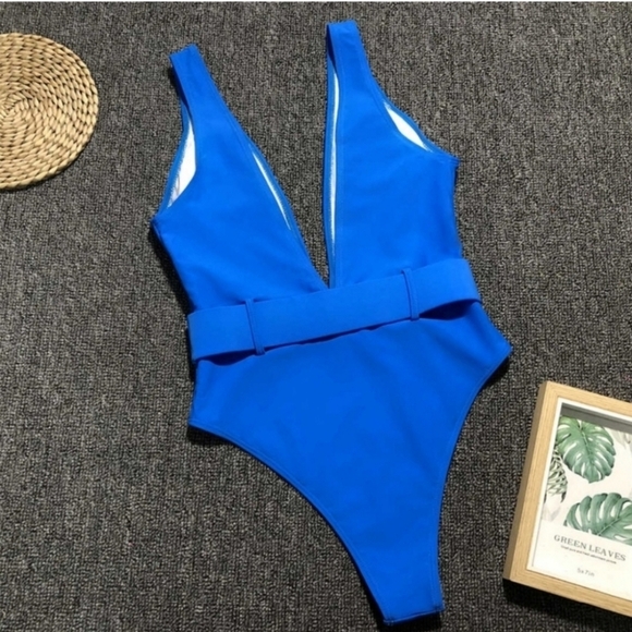 New Blue Belted Plunge V-neck One piece Swimsuit Size L - Picture 6 of 6